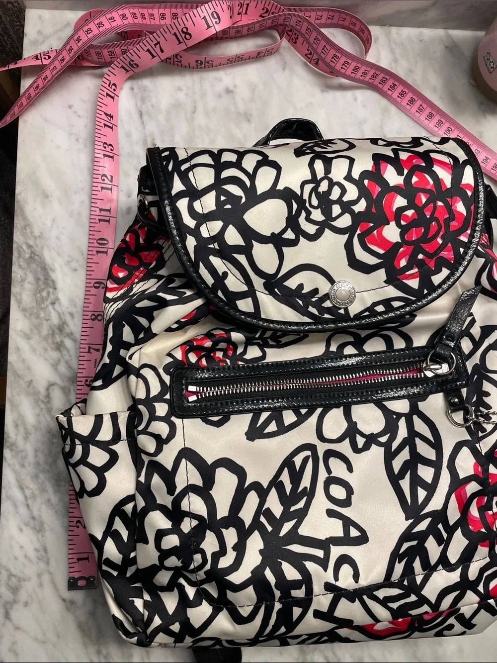 Coach Cream Floral Convertible Backpack with Black & Red Accents - Picture 6 of 12